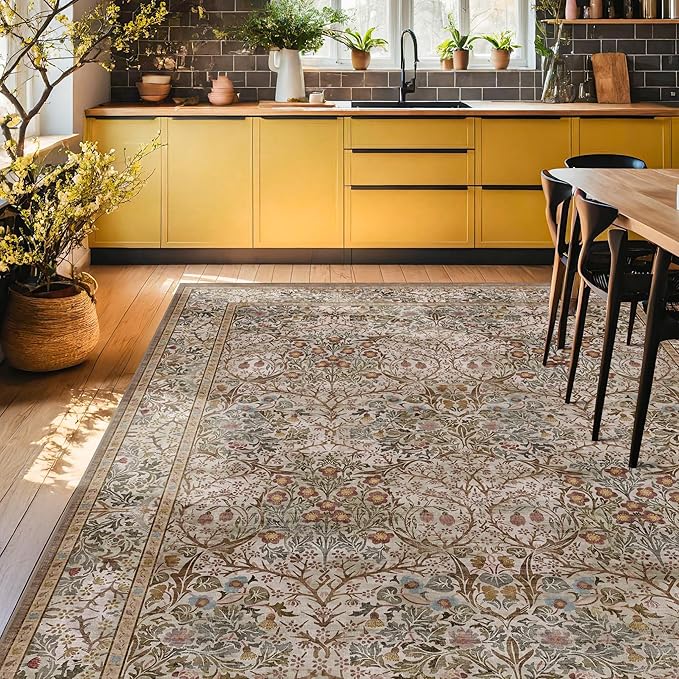 Washable 9x12 Living Room Rug - Moss Brown Floral Area Rug for Dining Room Under Table, Low Pile Non-Slip Floor Carpet for Bedroom Under Bed - Vintage Taupe Olive Design & Stain Resistance