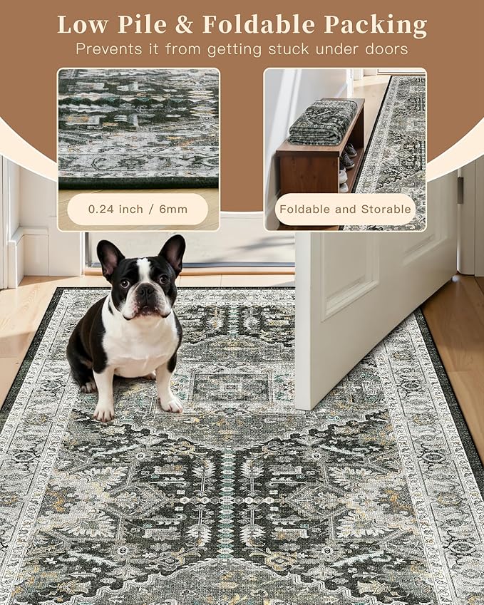 Madane Washable Area Rug 2x3, Small Entryway Rug Non-Slip Vintage Door Mat Indoor Entrance, Low Pile Floor Carpet for Inside Front Door Kitchen Entry (2'x3', Grey Green/Black Olive)
