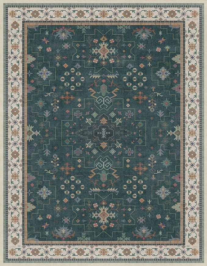 Hazo Haus Vintage Dark Green 7x9 Dining Room Rugs for Under Kitchen Table - Washable Livinig Room Rug - Unique Floral Pastel Low Pile Non-Slip Area Rugs for Bedroom