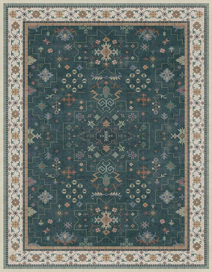 Hazo Haus Vintage Dark Green 7x9 Dining Room Rugs for Under Kitchen Table - Washable Livinig Room Rug - Unique Floral Pastel Low Pile Non-Slip Area Rugs for Bedroom