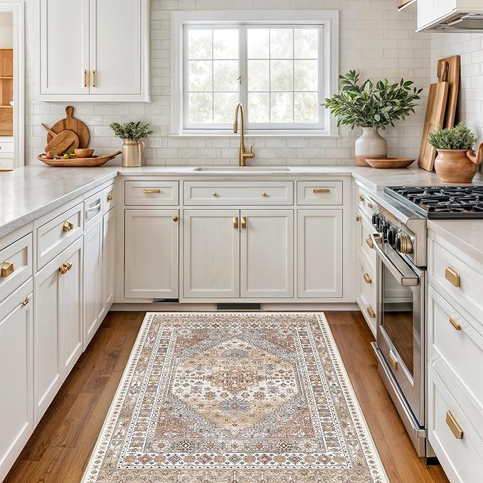 3x5 Washable Area Rug for Entryway, Kitchen Rugs Non Slip for Dining Room, Vintage Floral Soft Living Room Rug, Thin Area Rug Indoor for Bedroom, Kids Room Decor(Orange,3'x5')