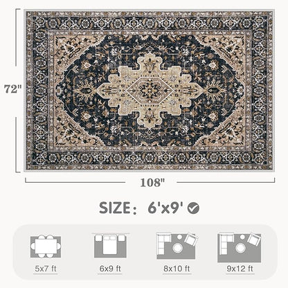 Area Rugs 6x9 Vintage Rug: Washable Living Room Rug Retro Medallion Distressed Large Soft Low Pile Non-Slip Indoor Floor Carpet for Bedroom Kitchen Nursery Dining Table Office (BeigeBlack, 6'x9')