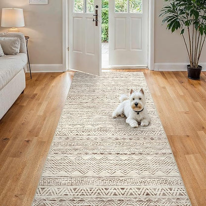 4x8 Washable Hallway Runner Rug：Moroccan Non-Slip Wide Runners for Entryway Kitchen Soft Modern Geometric Low-Pile Rugs for Living Room Thin Waterproof Carpet for Bedroom Bathroom Laundry(Beige,4x8)