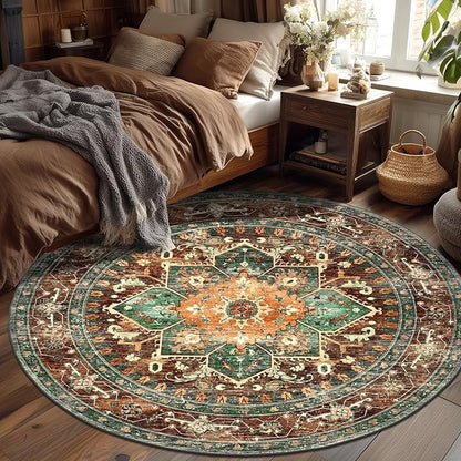 Yamaziot 6FT Round Washable Area Rug, Non-Slip Boho Circle Rugs with Rubber Backing, Low Pile Faux Wool Soft Distressed Floor Carpet for Nursery Living Room Home Office