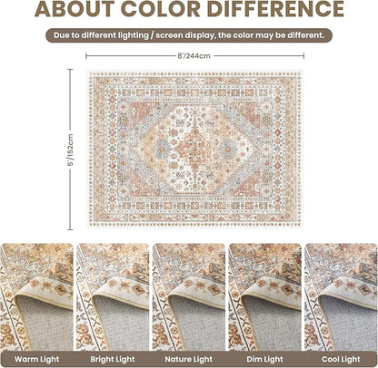 zesthome 5x8 Area Rugs - Ultra-Thin Washble Rug, Stain Resistant Anti Slip Backing Rugs for Living Room,Bedroom, Vintage Home Decor Area Rug (Orange,5'x8')