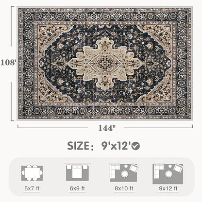 Area Rugs 9x12 Vintage Rug: Large Washable Living Room Rug Retro Medallion Distressed Soft Low Pile Non-Slip Indoor Floor Carpet for Bedroom Dining Table Office (BeigeBlack,9'x12')