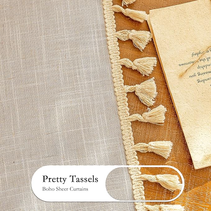 MYSKY HOME Natural Macrame Curtains 96 Inch Length for Living Room, Farmhouse Bohemian Vintage Back Tab，Light Filtering Privacy Protect Drapes for Bedroom, 50" W×96" L, Natural, 2 Panels