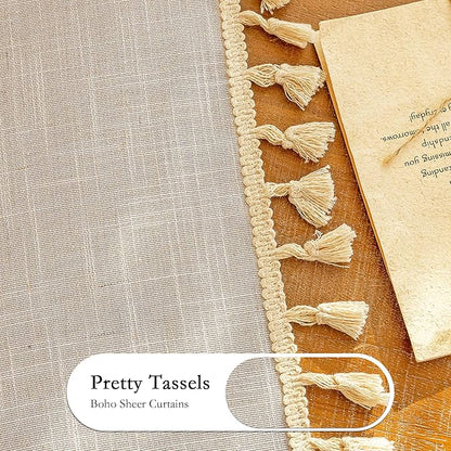 MYSKY HOME Natural Macrame Curtains 96 Inch Length for Living Room, Farmhouse Bohemian Vintage Back Tab，Light Filtering Privacy Protect Drapes for Bedroom, 50" W×96" L, Natural, 2 Panels
