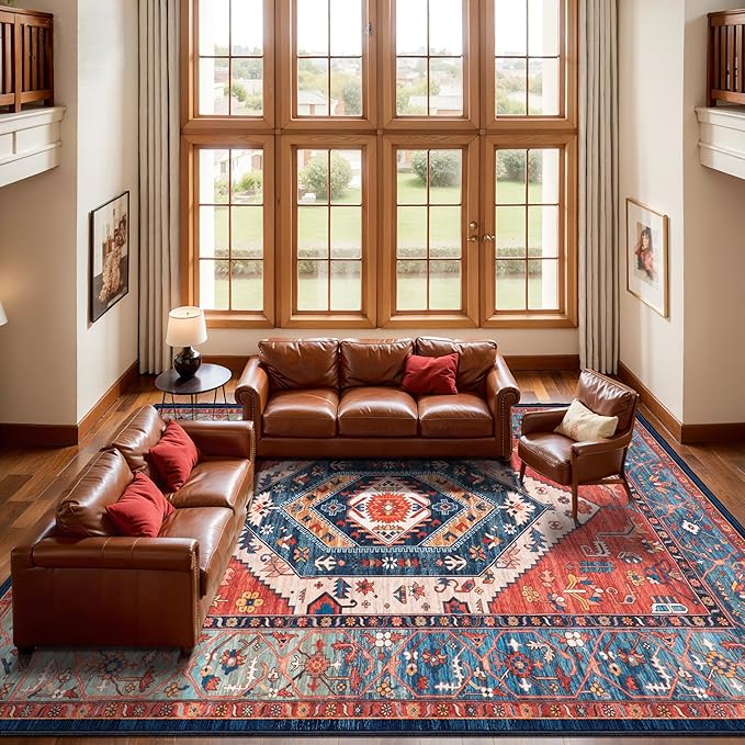SERISSA 8x12 Area Rugs for Living Room, Large Washable Non-Slip Boho Rug, Ultra Soft Vintage Rust Oriental Tribal Print Distressed Carpet for Dining Room Bedroom Office Home Decor