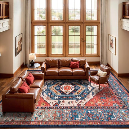 SERISSA 8x12 Area Rugs for Living Room, Large Washable Non-Slip Boho Rug, Ultra Soft Vintage Rust Oriental Tribal Print Distressed Carpet for Dining Room Bedroom Office Home Decor