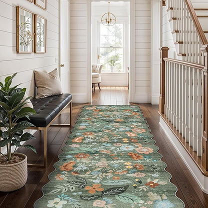 Washable 2x8 Hallway Runner Rug: Water-Resistant Kitchen Rug Soft Bedroom Carpet Non-Slip Indoor Hardwood Floor Mat for Entryway Bathroom Dining Room Boho Decorative Home Decor(2x8, Floral/Green)