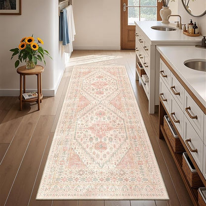 Runner Rug 2x6, Non Slip Washable Rugs for Laundry Room, Runners for Hallways, Low Pile Vintage Soft Rugs for Living Room, Kitchen Bathroom,Bedroom Rug(Pink,2'x6')