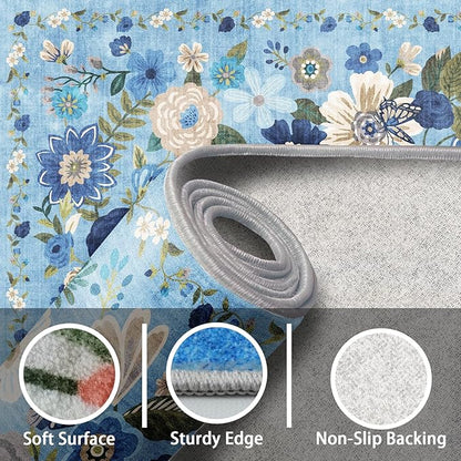 Area Rugs 10x14 Living Room, Non Slip Machine Washable Floral Rugs, Low Pile Lightweight Large Rug for Bedroom, Dining Room, Home Office(10 x 14, Blue Garden)