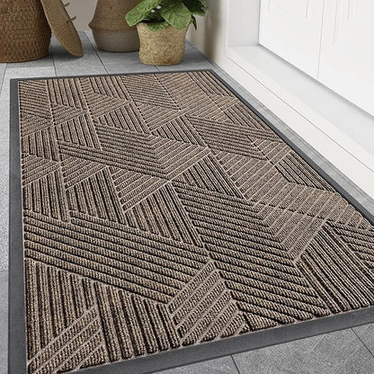 Smiry Front Door Mat Outside Entrance, Heavy Duty Sturdy Natural Rubber Doormat, Trap Dirt and Moisture, Easy Clean Low Profile Mats for Indoor Outdoor Entry, Irregular Triangle (47x32, Brown)