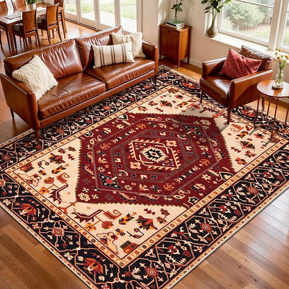 SERISSA 5x7 Boho Area Rug, Washable Non-Slip Rugs for Living Room, Large Red Black Rug Ultra Soft Vintage Oriental Print Distressed Carpet for Bedroom Dining Room Dorm Office Home Decor