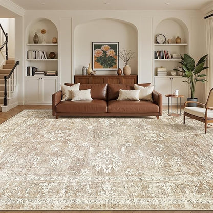 Madane 8x10 Area Rugs for Living Room, Machine Washable Vintage Natural Rug with Non-Slip Backing, Soft Large Throw Rug, Thin Carpet for Bedroom Dining Room Farmhouse (8 x 10, Beige/Brown)
