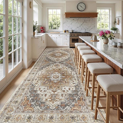 Madane 4x10 Wide Hallway Runner Rug: Washable Soft Rug Runners for Living Room Bedroom, Stain Resistant Low Pile Area Rugs Thin Non Slip Floor Carpet for Ktichen Dining Room (Turmeric/Grey,4x10)