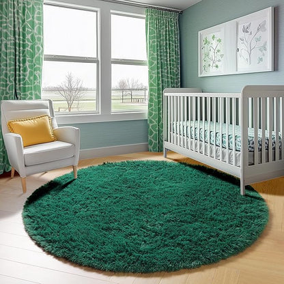 ONASAR Dark Green Round Area Rug 4ft, Soft Bedroom Circle Rugs for Kids Girls Teen Room, Cute Furry Plush Shaggy Carpet for Baby Nursery Living Room Playroom Dorm Christmas Home Decor