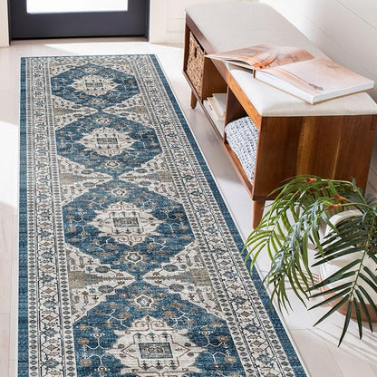 Hallway Washable Runner Rug - 2'6x14 Kitchen Rugs Entryway Rug Runner Vintage Soft Floor Mat Non Slip Indoor Farmhouse Carpet for Bathroom Living Room Bedroom (2'6''x14', Blue)
