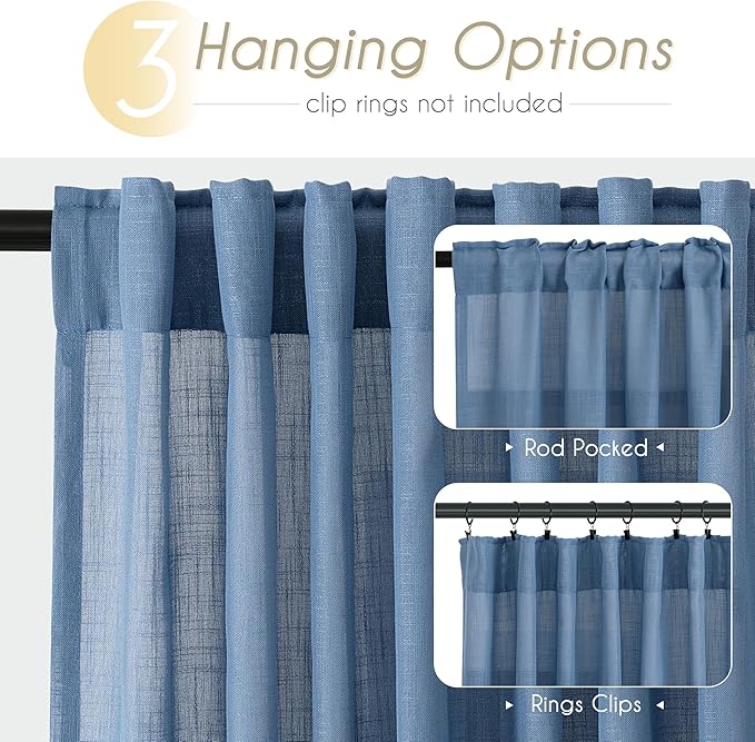Denim Blue Curtains for Living Room Back Tab Modern Farmhouse Semi Sheer Blue Curtains 84 inches Long 2 Panels Set Muted Neutral Window Curtain for Dining Room Bedroom 52x84