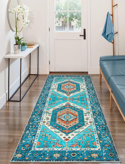 SERISSA Boho Kitchen Runner Rug, 3x7 Washable Non-Slip Runner Rug for Hallways Kitchen Rug, Ultra Soft Vintage Blue Print Distressed Tribal Floor Carpet Runner for Bedroom Entryway Laundry Room