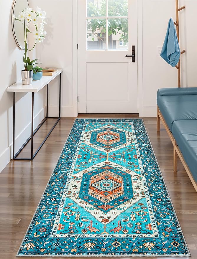 SERISSA Boho Washable Runner Rug, 2x6 Rug Runner Non-Slip Vintage Blue Hallway Kitchen Runner Rug Ultra Soft Print Distressed Tribal Floor Carpet Runner for Bedroom Bathroom Laundry Living Room