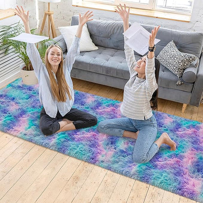 Super Soft Fluffy Living Room Area Rug 2x10 ft Purple Rainbow Tie-Dyed Shaggy Furry Carpet Washable Non-Slip Carpets Bedroom Bedside Nursery Rug Cute Colorful Room Decor for Girls