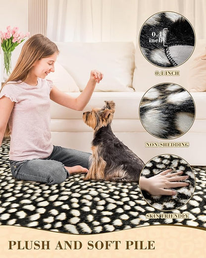 Leopard Print Rug for Living Room, Cheetah Rug 5.2x7 Faux Animal Print Skin Cheetah Area Rug for Bedroom Nursery Animal Fur Hide Irregular Shaped Rustic Antelope Black