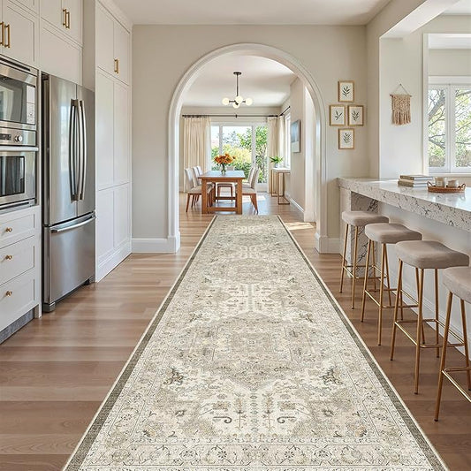 Madane Hallway Runner Rug 3x16 - Vintage Non Slip Washable 16ft Kitchen Runner for Entrance Soft Long Carpet Runners for Living Room Bathroom Low Pile Floor Mat for Bedroom Dining Room, Ivory/Brown