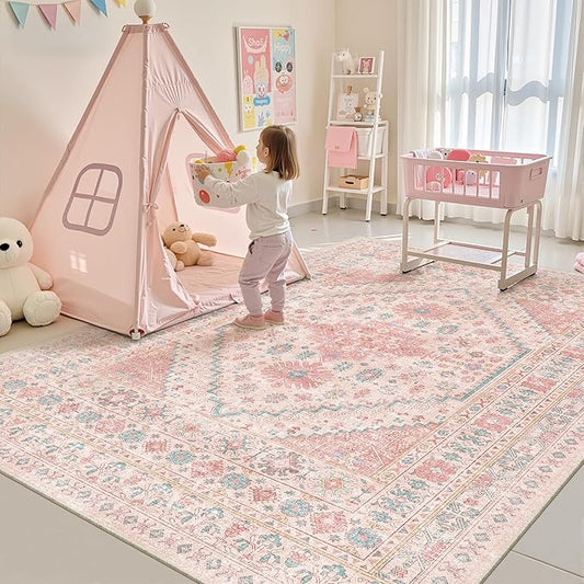 zesthome 7x9 Washable Rugs for Baby Girl, Super Soft Pink Rugs for Nursery Room, Non-Slip Stain Resistant Bedroom Rug, Ultra-Thin Large Area Rug (Pink/Blue,7'x9')