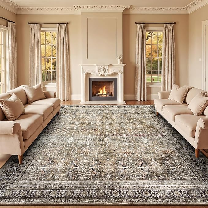 Lofus 9x12 Area Rug for Living Room,Brown Washable Large Rugs with Non-Slip Backing,Soft Neutral Carpets for Bedroom Dining Room Home Office Indoor Nursery