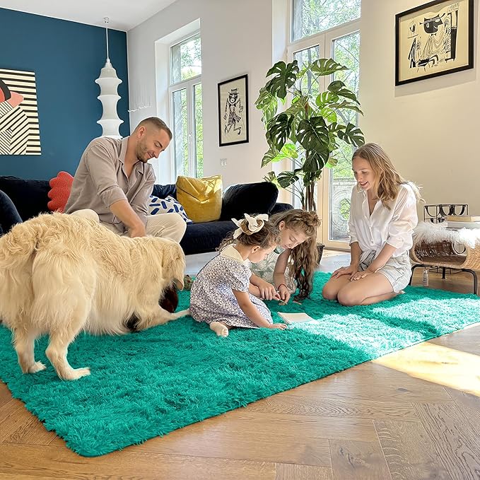 OLANLY 2x8 Machine Washable Runner Rugs for Hallway, Soft Fluffy Shaggy Bedside Rugs for Bedroom, Living Room, Indoor Floor Carpet for Kids Girls and Boys, Home Decor Aesthetic, Teal Green