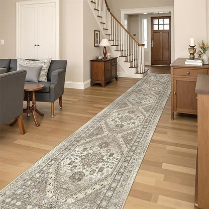 Washable Runner Rug 2.5x16, Non-Slip Long Kitchen Mats for Floor, Vintage Rug for Entryway, Soft Hallway Runner for Dining Room, Bedroom, Living Room(Brown,2.5'x16')