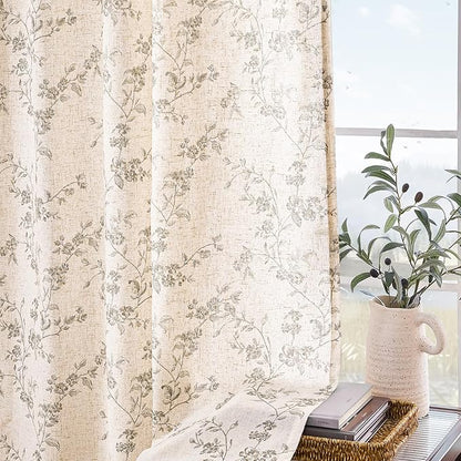Lazzzy Linen Farmhouse Curtains Grey Floral Curtains 63 Inch Long Back Tab Drapes for Living Room Bedroom Light Filtering Country Vintage Rod Pocket Curtain, 2 Panels, Gray on Beige