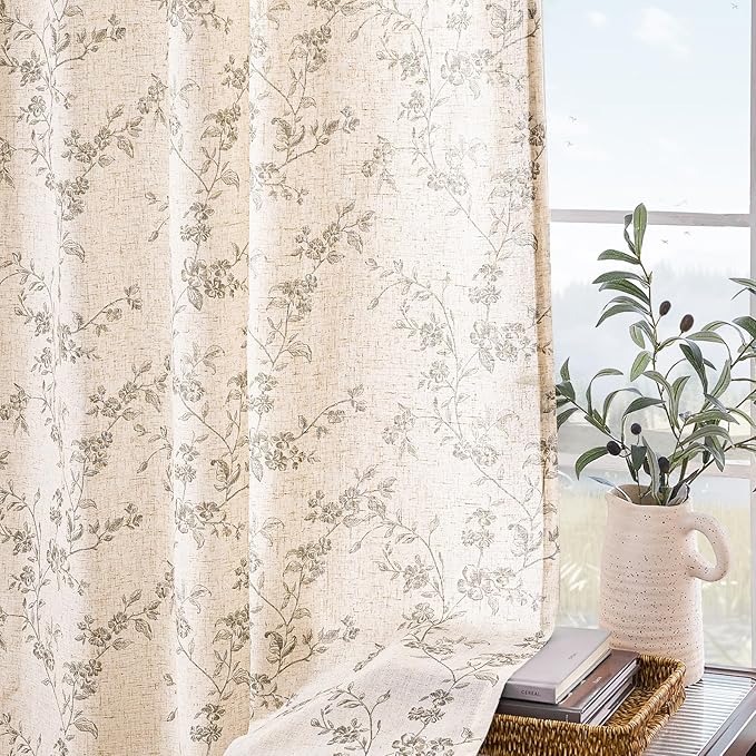 Lazzzy Farmhouse Linen Curtains Gray Floral Curtains 96 Inch Long Back Tab Drapes for Living Room Bedroom Light Filtering Country Vintage Rod Pocket Curtain, 2 Panels, Grey on Beige