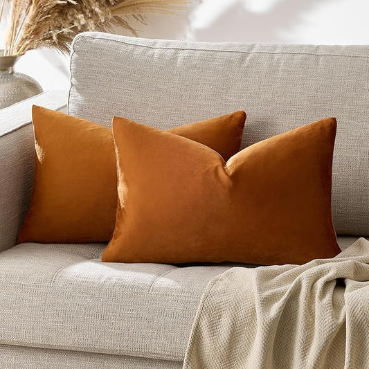 GIGIZAZA 12x20 Dark Burnt Orange Pillow Covers Velvet Lumbar Pillow Decorative Throw Pillows Couch Sofa Covers Bedroom Set of 2