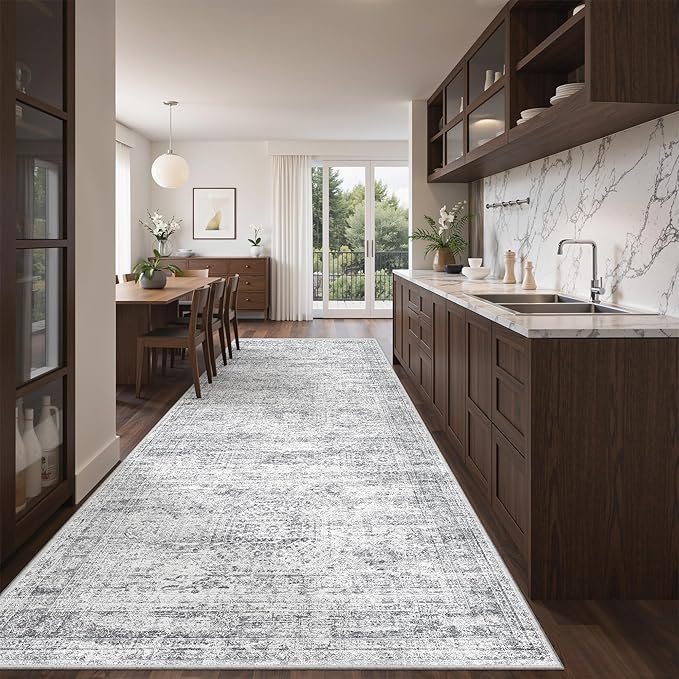 4x10 Runner Rug, Washable Hallway Runner Rug with Non-Slip Backing, Low Pile Wide Runner for Living Room, Entryway, Kitchen, Soft Modern Home Decor Mat for Dining Room(4'x10', Grey/Ivory)