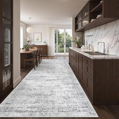 4x10 Runner Rug, Washable Hallway Runner Rug with Non-Slip Backing, Low Pile Wide Runner for Living Room, Entryway, Kitchen, Soft Modern Home Decor Mat for Dining Room(4'x10', Grey/Ivory)