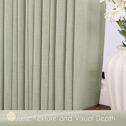 Linen Blend Sage Green Curtains 63 inch Length 2 Panels for Bedroom Back Tab Light Filtering Semi Sheer Drapes Linen Cotton Textured Light Green Airy Modern Farmhouse Living Room Sage Aesthetic Decor