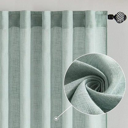 MIULEE Sea Green Linen Curtains 90 Inch Long for Bedroom Living Room, Soft Thick Linen Textured Window Drapes Semi Sheer Light Filtering Back Tab Rod Pocket Burlap Look Aqua Decor, 2 Panels