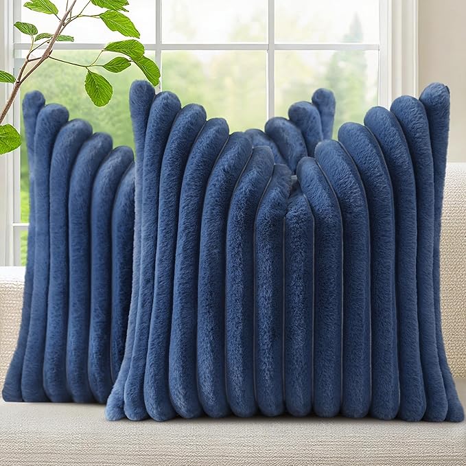decorUhome Cozy Faux Fur Throw Pillow Covers 26x26 Set of 2 Decorative Soft Plush Striped Modern Farmhouse Boho Couch Euro Sham Pillow Cases with Velvet Back for Sofa Bed Living Room, Blue
