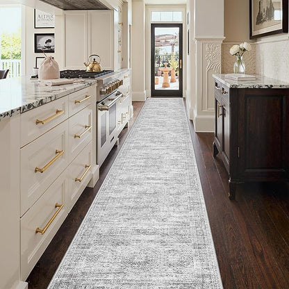 3x20 Washable Runner Rug for Hallway, Non-Slip Long Hallway Runner for Entryway, Soft Vintage Kitchen Mats for Floor, Abstract Dining Room, Bedroom, Living Room Rugs(3'x20', Grey/Ivory)