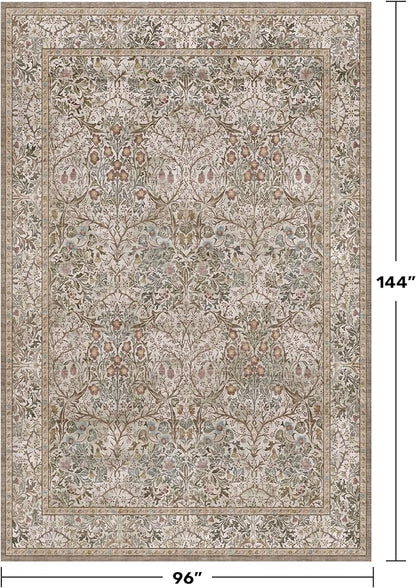 Washable 8x12 Large Living Room Area Rug - Non Pile Floral Design Carpet for Dining Room Under Table, Low Pile Vintage Bedroom Rugs, Forest Stain Resistance (Moss & Brown)