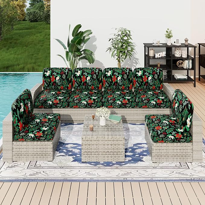 hyha Printed Couch Cushion Covers, Floral Sofa Covers Washable for 3 Cushion Couch, Stretch Pattern Outdoor Cushion Covers for Patio Furniture with Elastic Bottom(Large, Christmas Botanical)