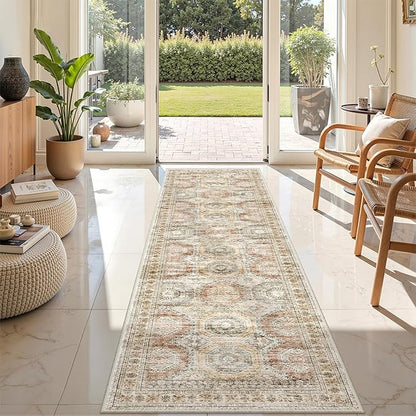 Rug Runners for Hallways Non Slip - 2x8 Runner Rug for Bedroom, Washable Runner with Rubber Backing, Soft Low-Pile Carpet for Kitchen, Laundry, Bathroom (2'x8', Brown/Pink)
