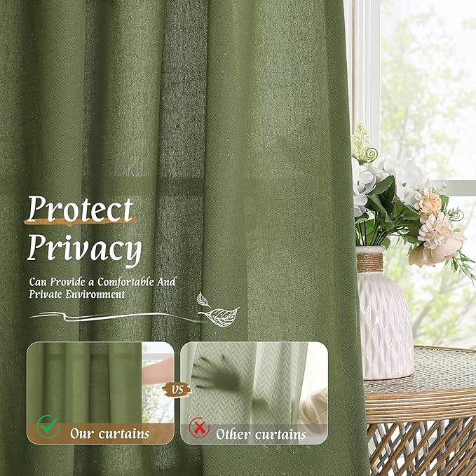 LAMIT Olive Green Linen Curtains for Bedroom, Faux Linen Textured Light Filtering Drapes Rod Pocket Boho Neutral Christmas Panels for Farmhouse/Living Room, 2 Panels, 52 x 72 Inch