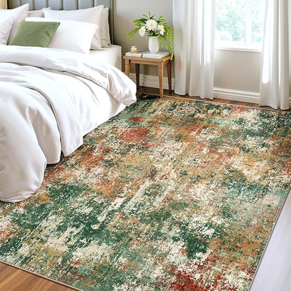Washable Area Rugs 7'x9' Non-Slip Modern Abstract Soft for Living Room Entryway Bedroom Nursery, Print Pattern, Green Orange Rust Red Cream Colorful