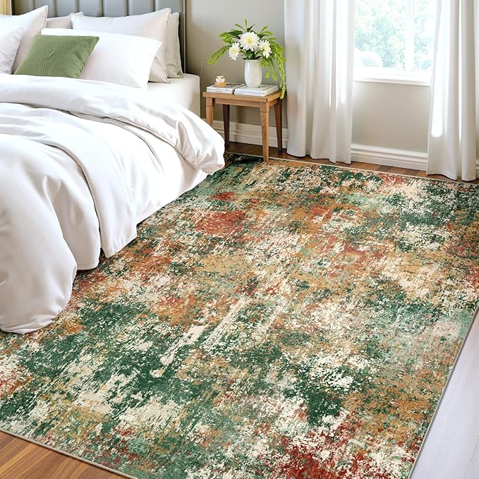 Washable Area Rugs 6'x8' Non-Slip Modern Abstract Soft for Living Room Entryway Bedroom Nursery, Print Pattern, Green Orange Rust Red Cream Colorful