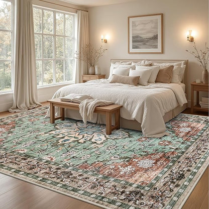 Area Rugs 10x14 Living Room Rug: Washable Rug Soft Vintage Distressed Floral Carpet Indoor Non-Slip Stain Resistant Large Carpets for Bedroom Dining Room Farmhouse Nursery Home Office Brown Green