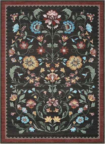 GarveeHome Washable Rug 4x6 Area Rugs for Living Room, Floral Rug for Bedroom, Soft Boho Non Slip Throw Rugs with Rubber Back, Low Pile Stain Resistant Vintage Floral Carpet for Dining Room, Red
